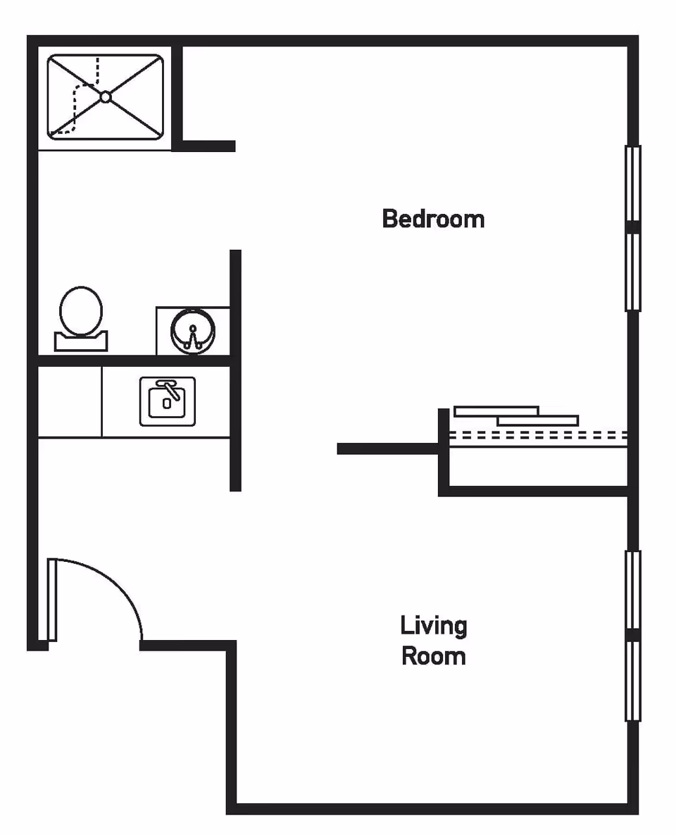 Simple black-and-white floor plan of a one-bedroom unit showing a bedroom, living room, bathroom with shower, sink and toilet, and an entry door.
