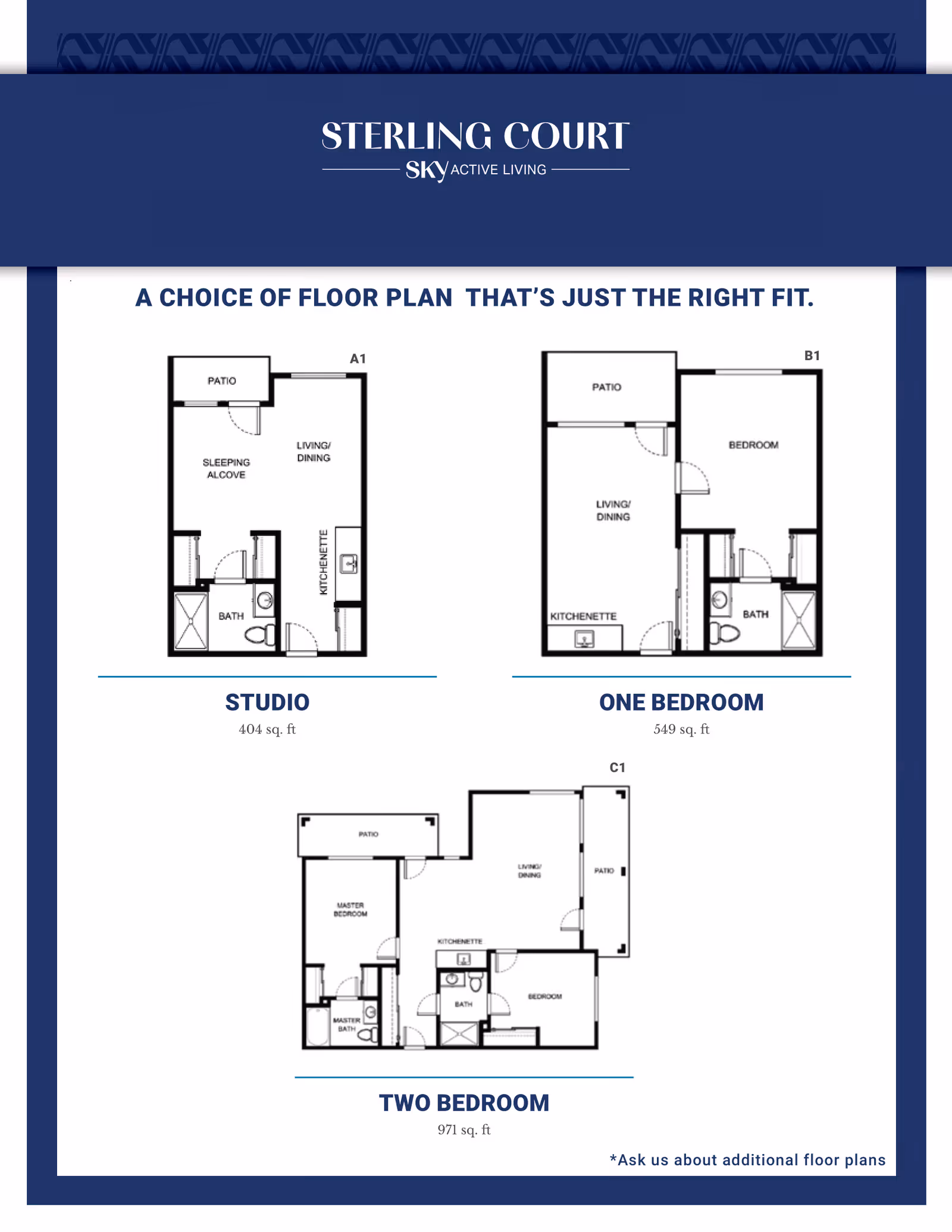 Floor plans for Sterling Court - Sky Active Living showing three options: Studio with 404 sq. ft. including a sleeping alcove, living/dining area, kitchenette, bath, and patio; One Bedroom with 549 sq. ft. including a bedroom, living/dining area, kitchenette, bath, and patio; Two Bedroom with 971 sq. ft. including a master bedroom with master bath, second bedroom, living/dining area, kitchenette, two baths, and two patios.