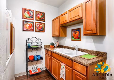 A small kitchen area with wooden cabinets, a granite countertop, and a white sink. On the wall above the sink is a colorful painting of a bell pepper. To the left, there is a black metal rack holding colorful mugs and bowls. Four framed paintings of apples are hung on the adjacent wall. The floor is dark wood, and the space is well-lit with white walls.