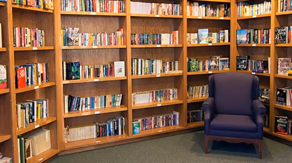 A cozy library corner with wooden bookshelves filled with books and a single dark blue upholstered armchair placed on a carpeted floor.