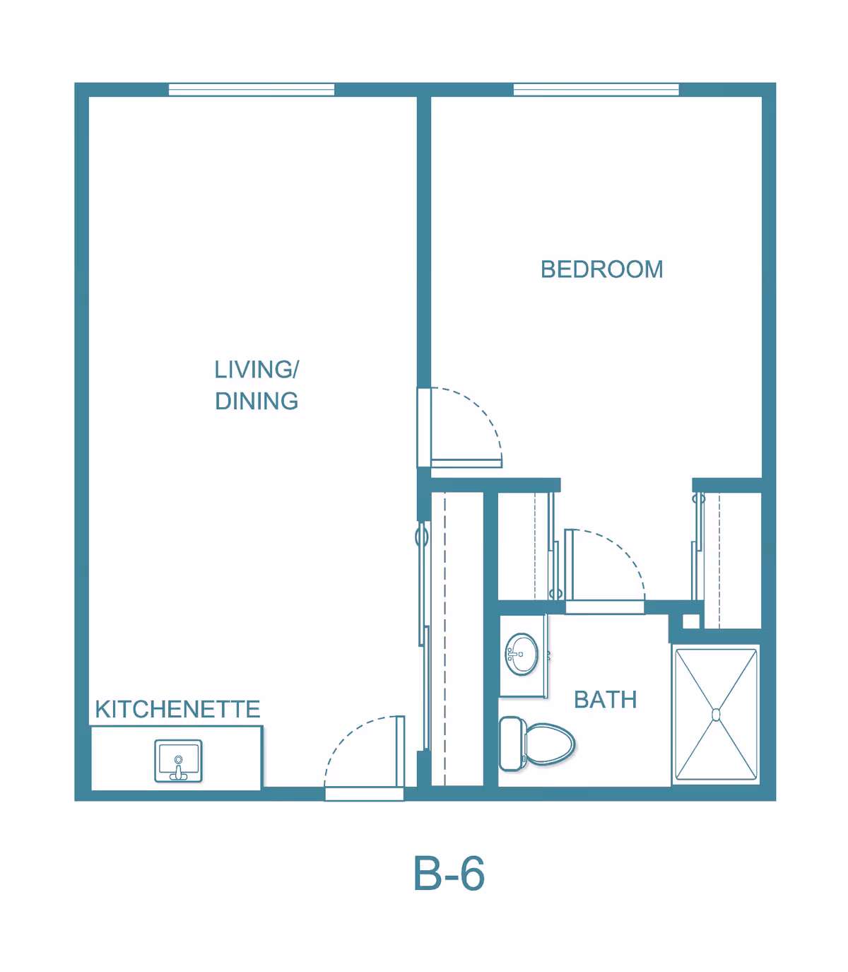 Floor plan layout labeled B-6 showing a living/dining area with a kitchenette, a separate bedroom, and a bathroom with a sink, toilet, and shower.