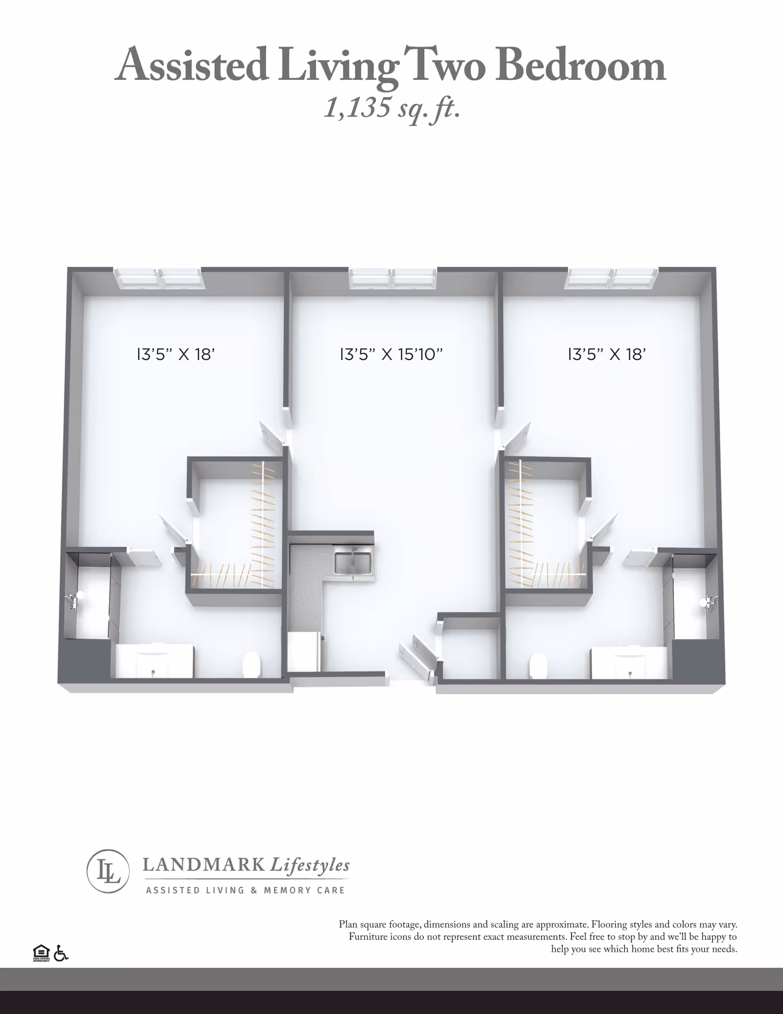 Floor plan of an assisted living two-bedroom apartment with a total area of 1,135 square feet. The layout shows two bedrooms, each measuring 13 feet 5 inches by 18 feet, a central living area measuring 13 feet 5 inches by 15 feet 10 inches, two bathrooms adjacent to each bedroom, closets, and a small kitchen area. The plan includes windows in each bedroom and the living area.