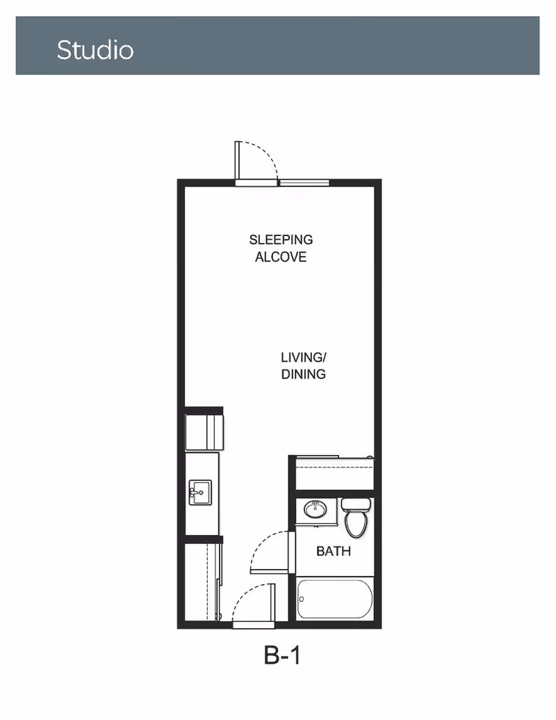 Architectural floor plan of a studio apartment labeled B-1, showing a sleeping alcove, living/dining area, kitchen with a sink, and a bathroom with a sink, toilet, and bathtub.