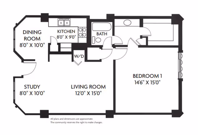 Floor plan layout of a residence showing a dining room, kitchen, study, living room, bathroom, and bedroom with dimensions.