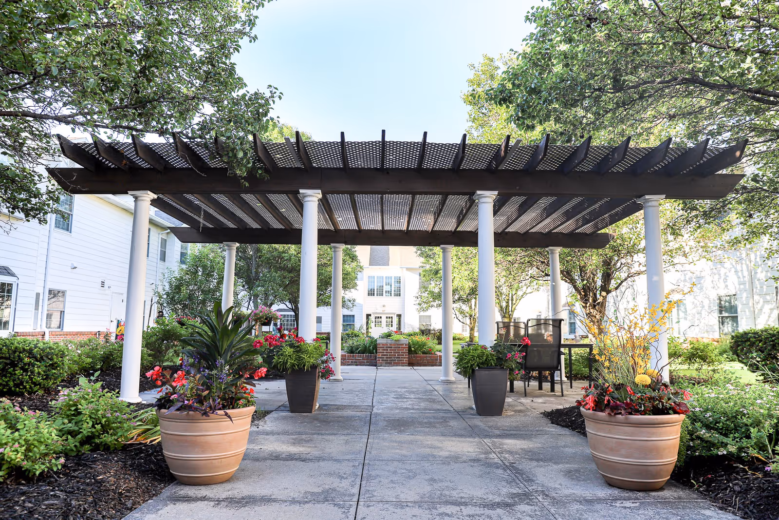 Outdoor seating area with a pergola supported by white columns, surrounded by potted plants and greenery, with a white building in the background under a clear sky.