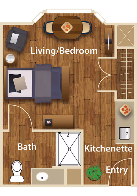 Floor plan of a studio apartment at Wyndham Court of Plano showing a combined living and bedroom area with a bed, armchair, small dining table with chairs, and a dresser. The kitchenette includes a sink and counter space. There is a bathroom with a toilet and sink, and an entry area with a plant.