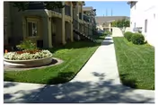 Outdoor walkway between two buildings with well-maintained green lawns and a circular flower bed on the left side under a clear sky.