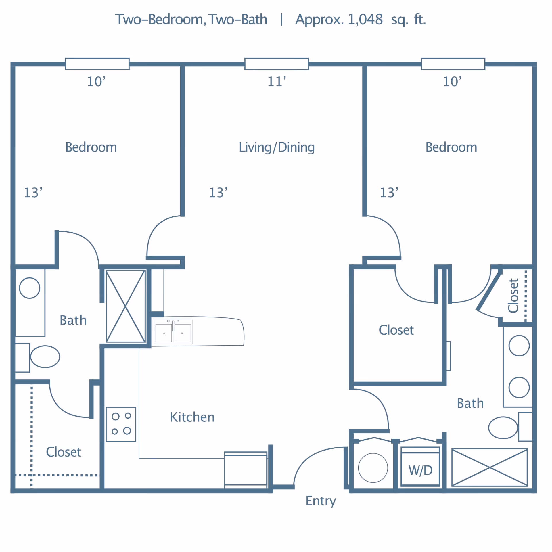 Floor plan of a two-bedroom, two-bath apartment with approximately 1,048 square feet. The layout includes two bedrooms each measuring 10 by 13 feet, two bathrooms, a kitchen, a living/dining area measuring 11 by 13 feet, closets, an entryway, and a washer/dryer area.
