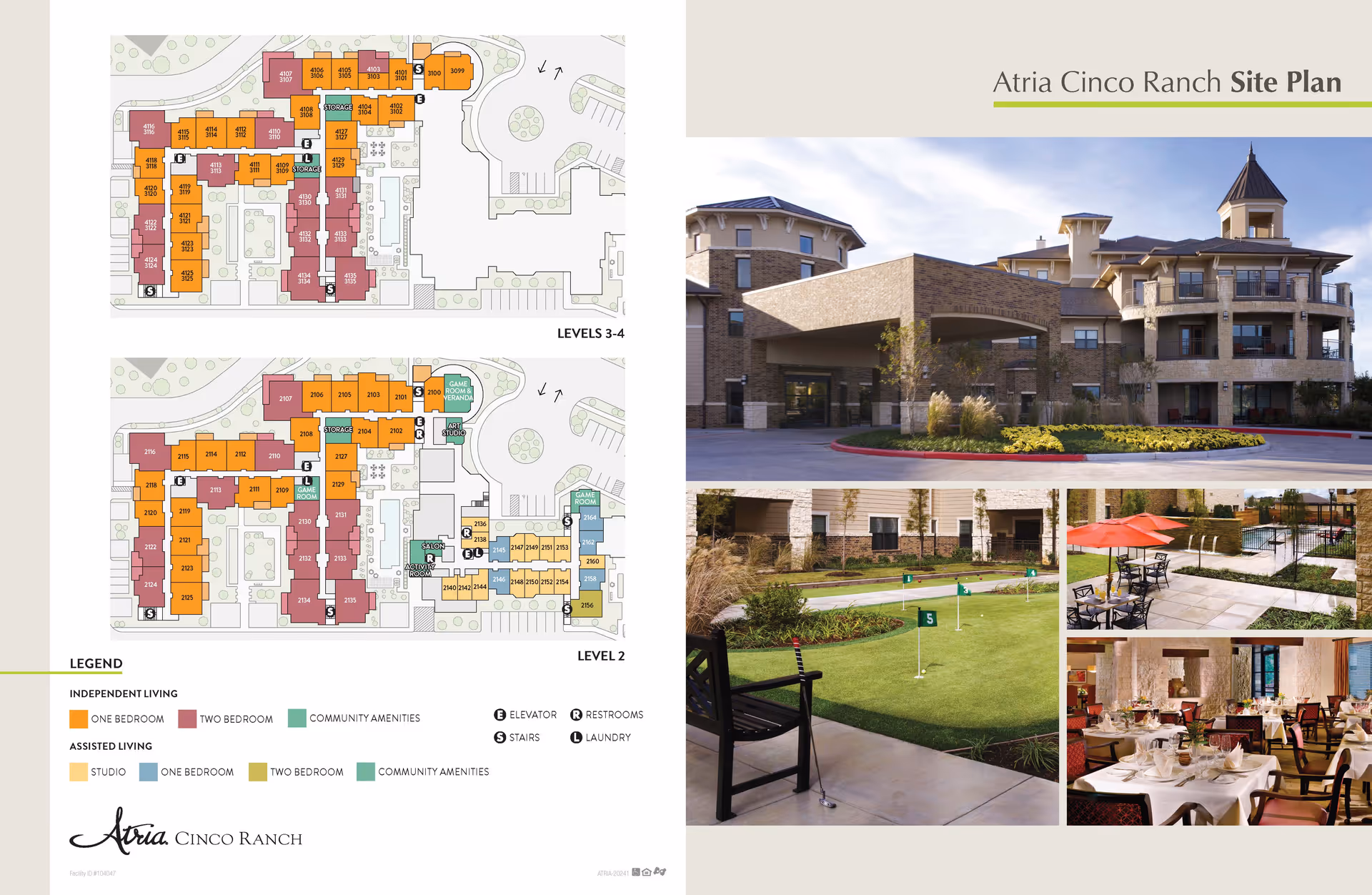 Site plan and photos of Atria Cinco Ranch senior living facility. The left side shows detailed floor plans for levels 2, 3, and 4 with color-coded independent living and assisted living units, community amenities, elevators, restrooms, stairs, and laundry. The right side features images of the building exterior, outdoor patio with seating and umbrellas, a putting green, and an elegant dining room with set tables.