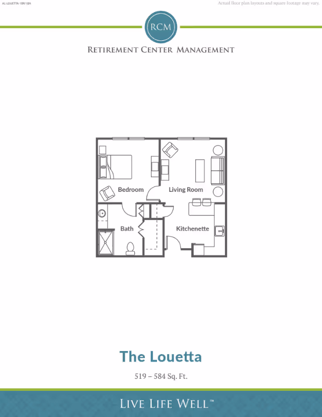 Black-and-white floor plan titled 'The Louetta' showing a one-bedroom layout with a living room, kitchenette, bedroom, and bath.
