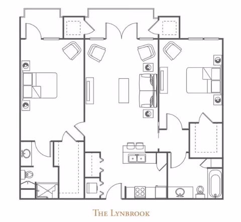 Architectural floor plan of The Lynbrook unit at The Village of Tanglewood, showing two bedrooms, a living room with seating, a kitchen with appliances and a sink, two bathrooms, and closets.