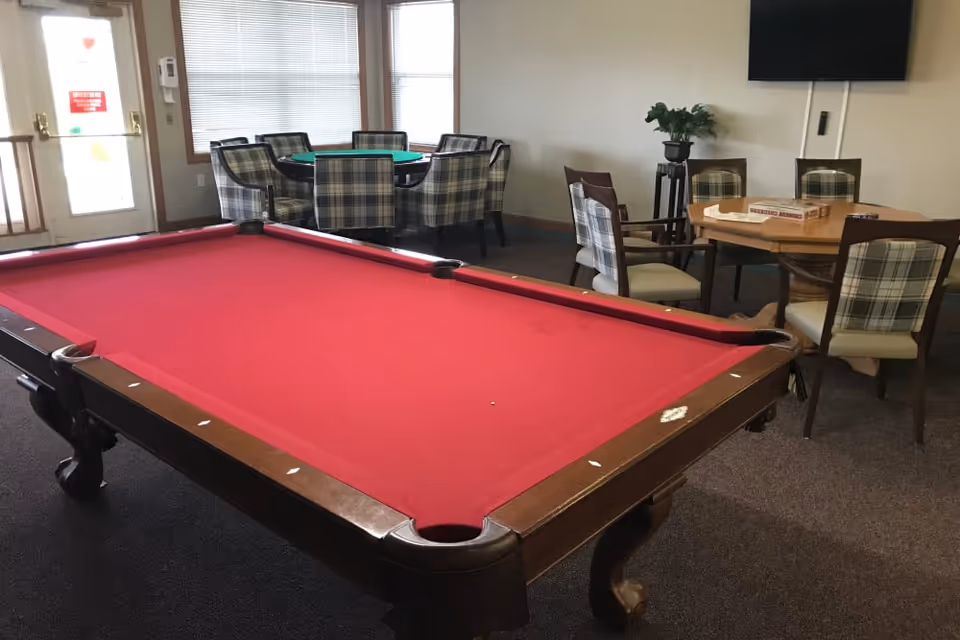 Interior room with a red felt pool table in the foreground, two round tables with plaid cushioned chairs around them, a potted plant on a stand, and a wall-mounted TV in the background. There is a door with windows letting in natural light on the left side.