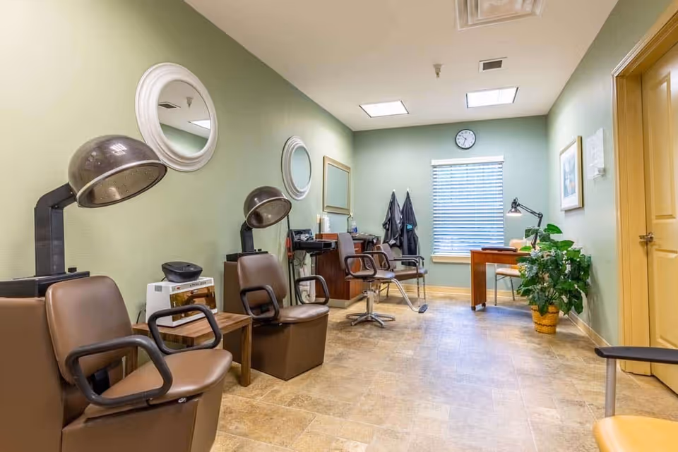 Small salon room with brown styling chairs and hooded hair dryers, round mirrors on green walls, a desk by a window and a potted plant.