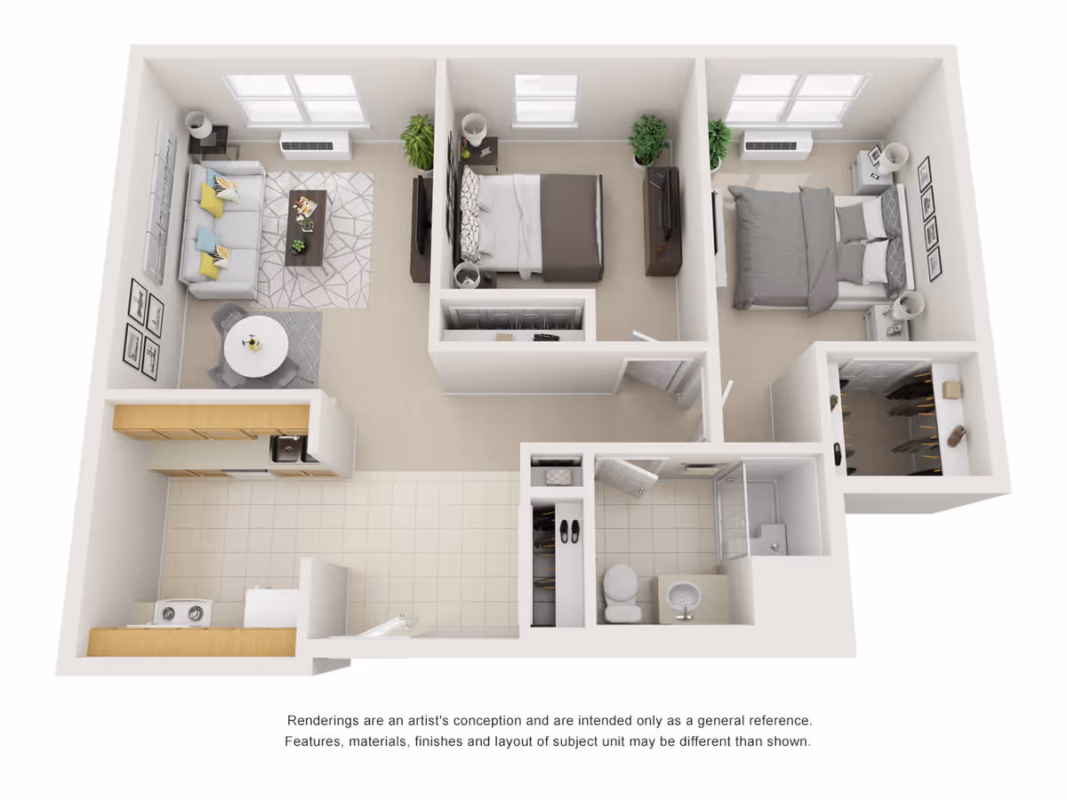 3D floor plan of an apartment unit showing two bedrooms, a living room with a sofa and coffee table, a dining area with a round table and four chairs, a kitchen with appliances and cabinets, and a bathroom with a shower, toilet, and sink. The bedrooms have beds, nightstands, and dressers, and there are plants and lamps in the rooms.