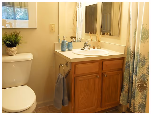 A small bathroom featuring a white toilet with a potted plant on top, a wooden vanity with a white sink and silver faucet, a mirror above the sink, blue soap dispensers, a towel hanging on a ring, and a shower curtain with a blue and green floral pattern.
