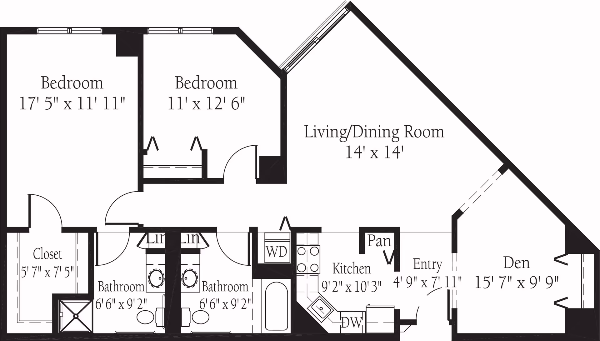 Architectural floor plan of a residential unit at Lake Barrington Woods showing two bedrooms, two bathrooms, a living/dining room, kitchen, entry, den, and closet with dimensions.