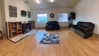 A spacious living room with wooden flooring, two dark brown leather sofas, a patterned area rug in the center, a fireplace with a TV mounted above it, bookshelves on either side of the fireplace, decorative wall art, and two large windows letting in natural light.