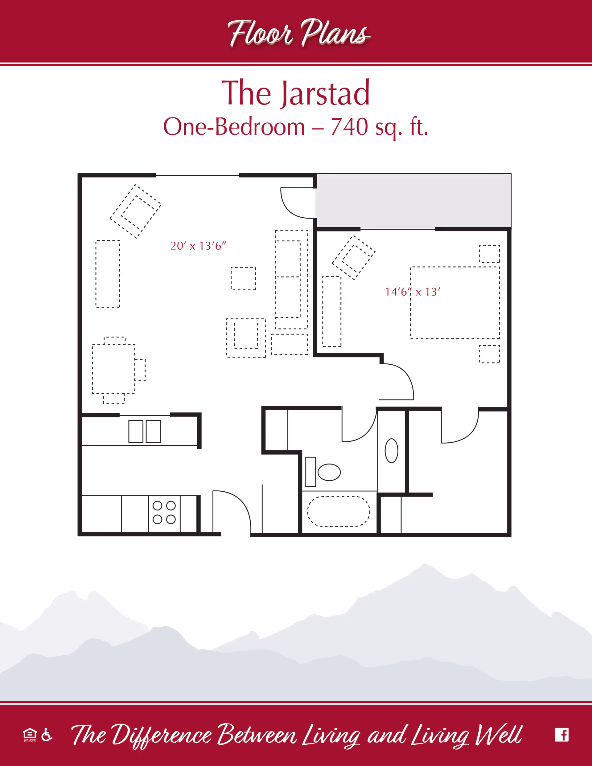 Floor plan for The Jarstad, a one-bedroom apartment with 740 square feet. The layout includes a living room, kitchen, bedroom, and bathroom with dimensions noted for the living room (20' x 13'6") and bedroom (14'6" x 13').