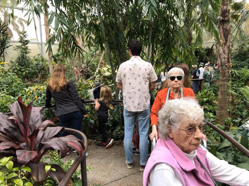 A group of people, including elderly women and younger adults, are in a lush indoor garden or conservatory with various green plants and trees surrounding them. One elderly woman in a pink vest is seated in a wheelchair in the foreground, while another elderly woman wearing sunglasses and an orange jacket stands behind her. Other visitors, including a man in a white shirt and a child, are looking at the plants.