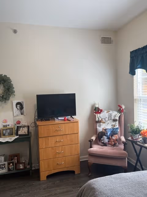 A cozy bedroom corner with a wooden dresser holding a flat-screen TV, a pink upholstered armchair with stuffed animals and a blanket, a small table with plants and decorative items near a window with blue curtains, and a small shelf with framed photos and a plant on the left side.