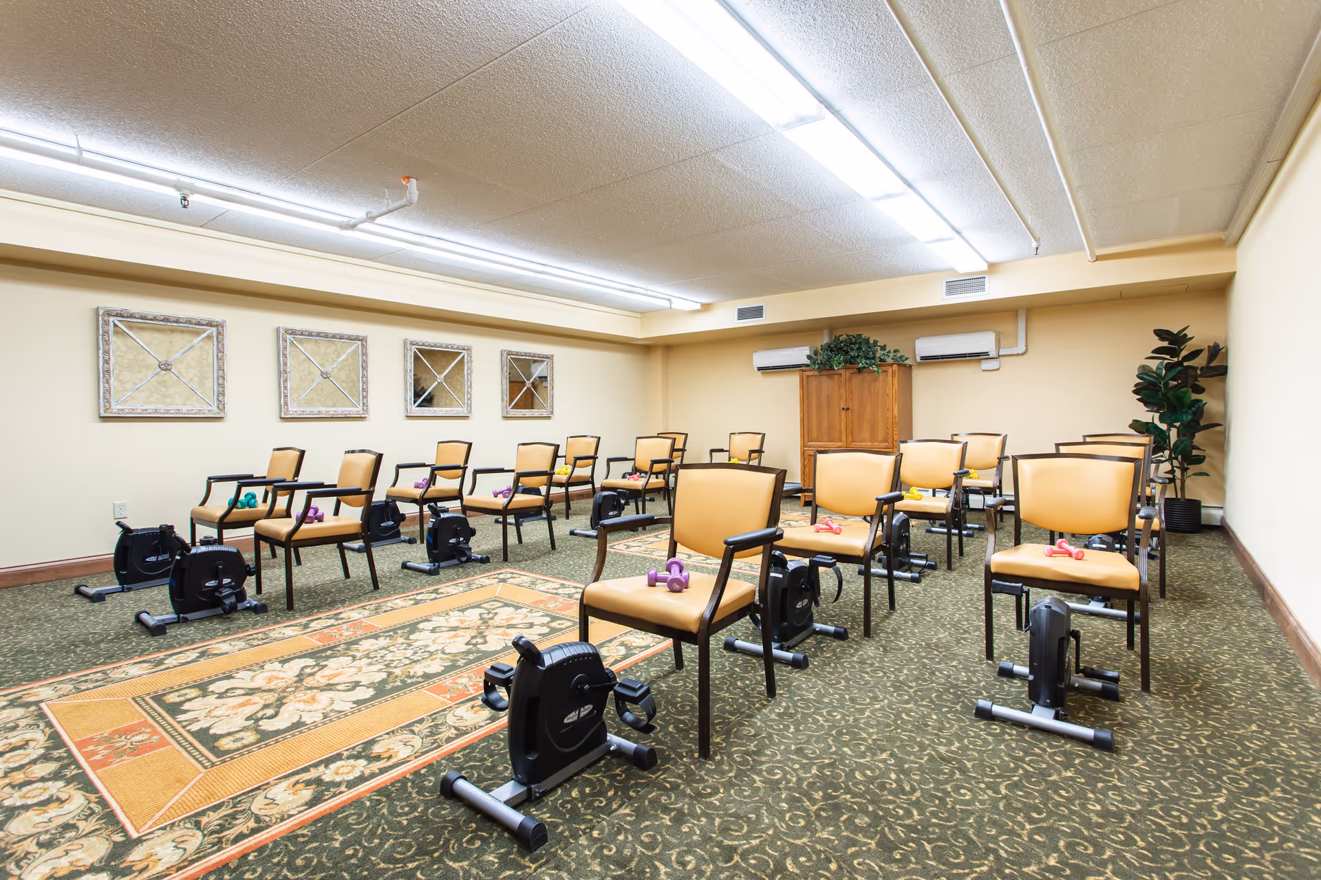 A room set up for seated exercise with multiple chairs arranged in rows, each paired with a small pedal exerciser and a set of colorful hand weights. The room has patterned carpet, beige walls with framed mirrors, fluorescent ceiling lights, and a wooden cabinet with plants on top at the far end.