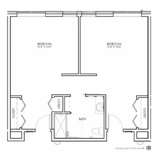 Black-and-white floor plan showing two adjacent bedrooms with closets and a central shared bathroom.