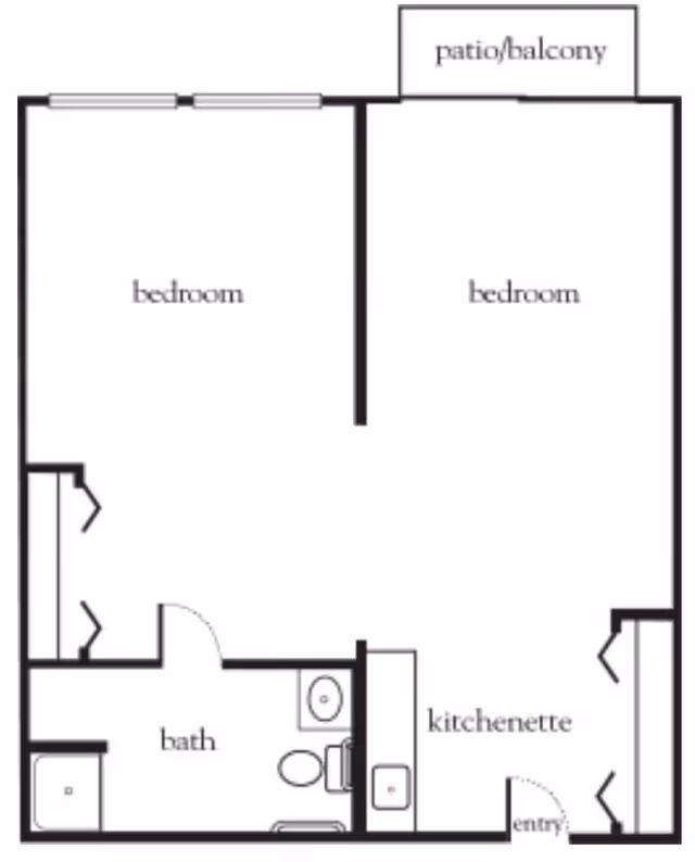Floor plan of a senior living unit at Bonita Villa Senior Living showing two bedrooms, a bath, a kitchenette, an entry, and a patio/balcony area.