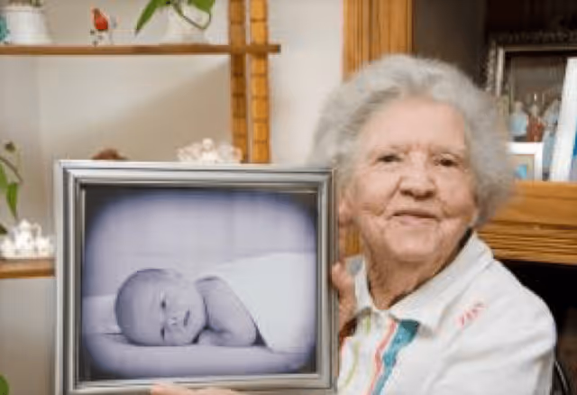 An elderly woman with white hair is smiling and holding a framed black and white photo of a baby lying on its side. The background shows wooden shelves with decorative items and picture frames.