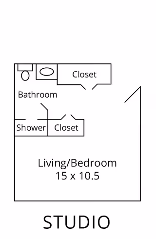 Floor plan of a studio apartment showing a combined living and bedroom area measuring 15 by 10.5 feet, a bathroom with a toilet and sink, a shower, and two closets.
