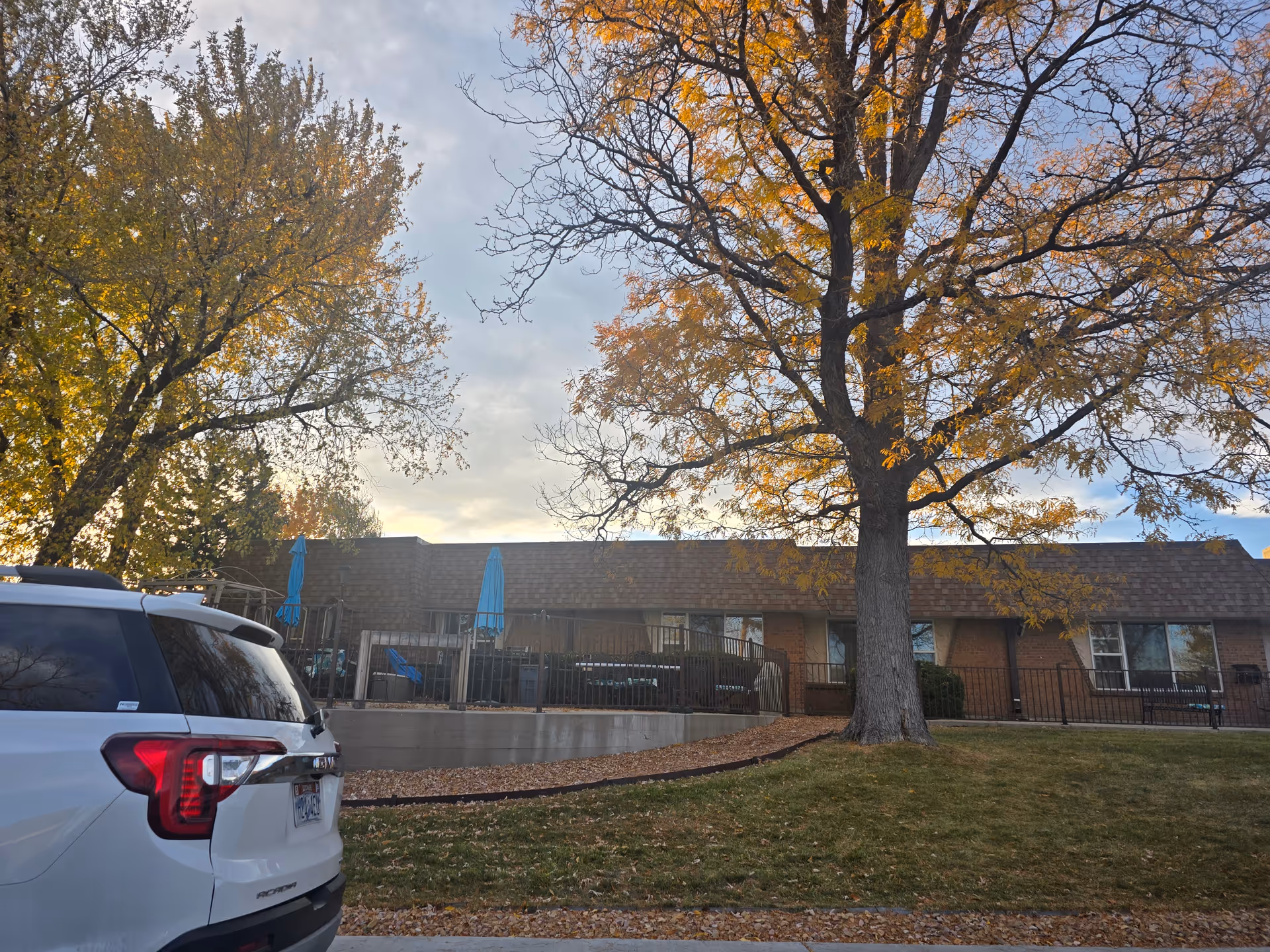 Exterior view of a single-story brick building with a brown shingled roof, surrounded by trees with autumn foliage. A white SUV is parked on the street in front of the building. There is a fenced patio area with blue umbrellas visible behind the building.