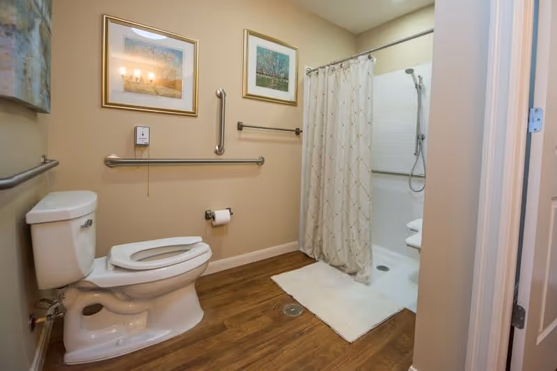 A bathroom with a white toilet, grab bars on the walls, two framed pictures above the toilet, a shower area with a curtain, and a white bath mat on a wooden floor.