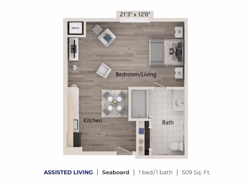Floor plan of an assisted living unit named Seaboard at Harper’s Station Gainesville, showing a combined bedroom and living area with a bed, two chairs, a TV, and a dining table. The kitchen is adjacent to the living area, and there is a separate bathroom with a bathtub, sink, and toilet. The unit measures 509 square feet with dimensions 21'3" by 12'0".