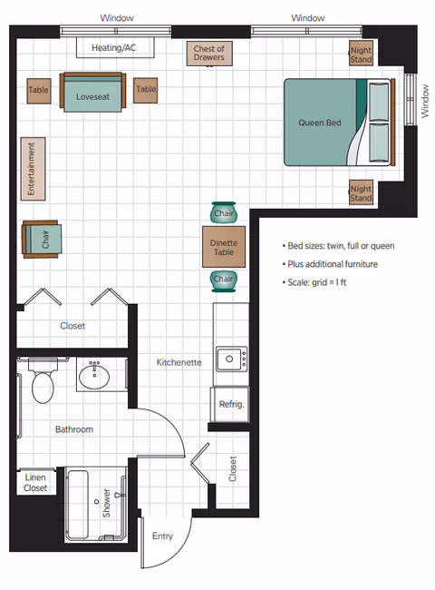 Floor plan of a senior living apartment at Belmont Village Senior Living Aliso Viejo showing a layout with a queen bed, night stands, chest of drawers, loveseat, tables, chairs, entertainment area, kitchenette with refrigerator, dinette table, closets, bathroom with shower, toilet, sink, and linen closet. The scale grid represents 1 foot.