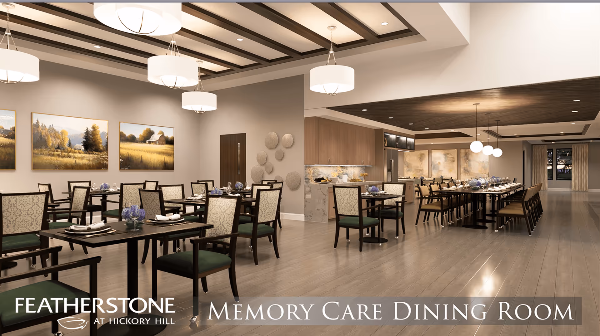 A spacious and elegantly designed dining room with multiple tables and chairs arranged neatly. The room features modern pendant lighting, wooden ceiling beams, and artwork on the walls. There is a kitchen area with wooden cabinets and a marble countertop visible in the background.