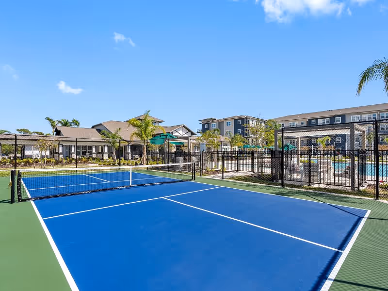 Blue outdoor tennis/pickleball court with a net in the foreground and senior living buildings, pool area, and palm trees under a clear blue sky.