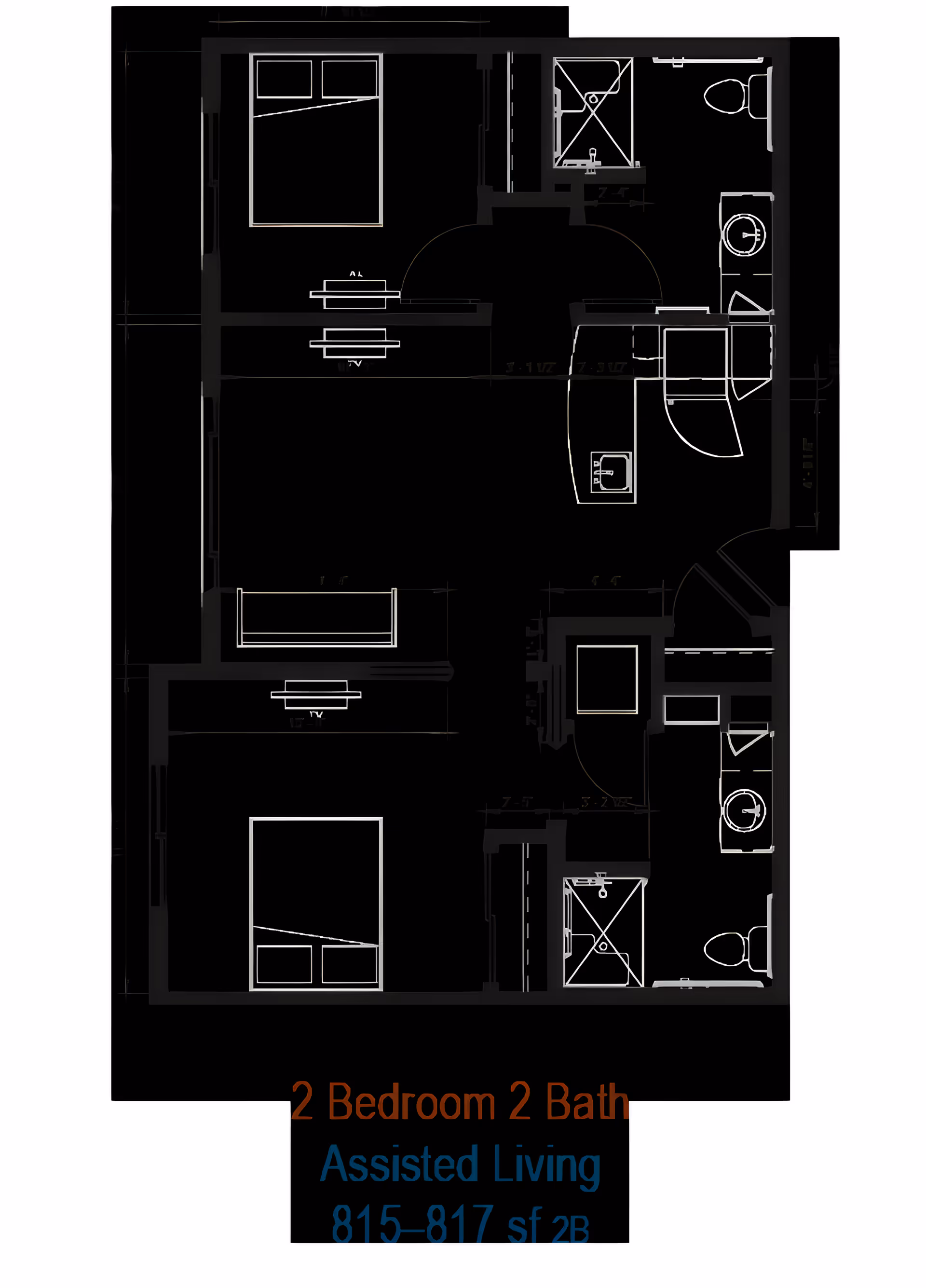 Architectural floor plan rendering of a two-bedroom, two-bath assisted living apartment layout labeled 815–817 sf.
