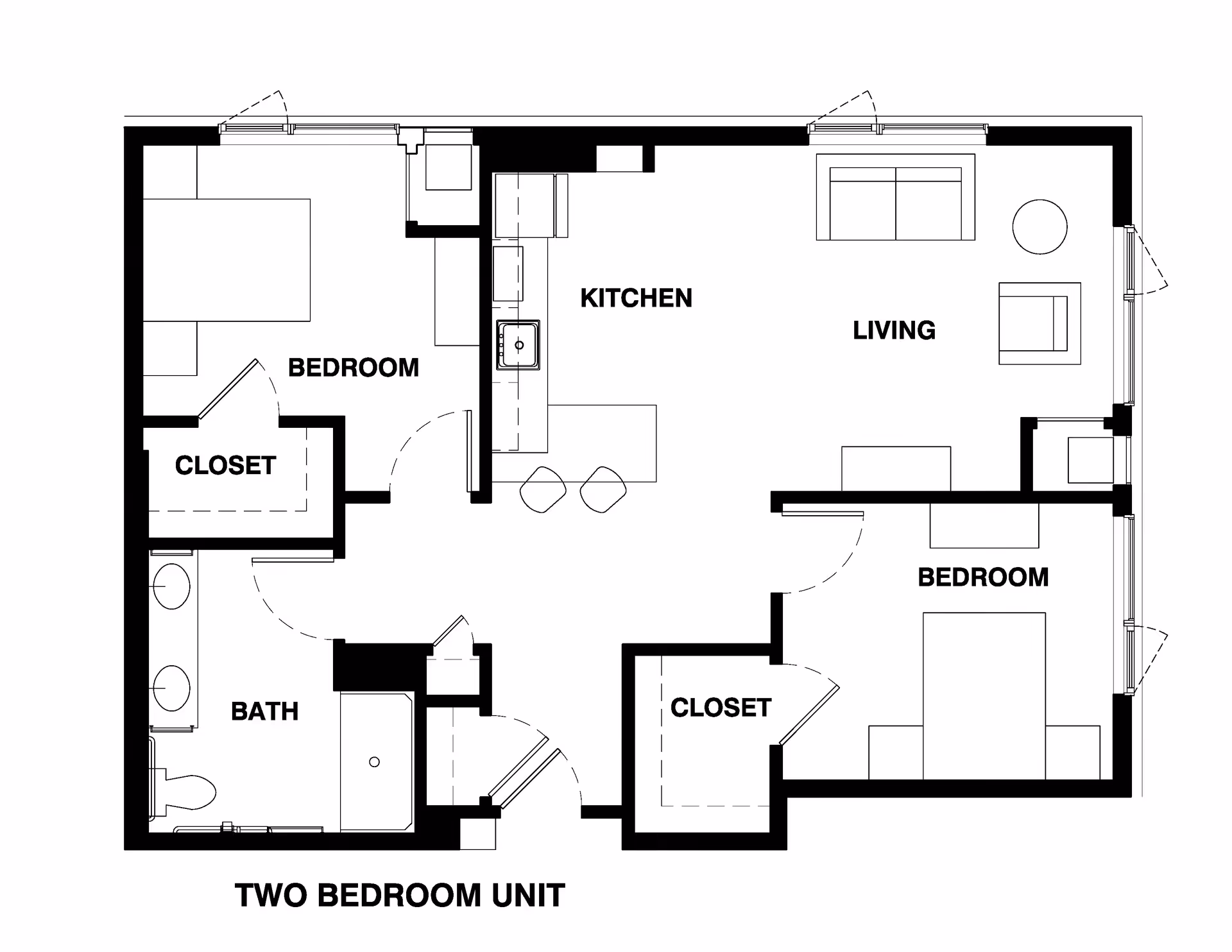 Architectural floor plan of a two-bedroom unit showing two bedrooms each with a closet, a bathroom with double sinks and a bathtub, a kitchen with an island and two stools, and a living area with seating furniture.