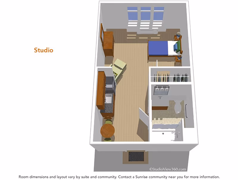 3D floor plan of a studio apartment featuring a combined living and sleeping area with a bed, nightstands, a dresser, a small dining table with two chairs, and a kitchenette with cabinets and a sink. The layout also includes a bathroom with a shower, toilet, and sink, and a closet space with hanging clothes.