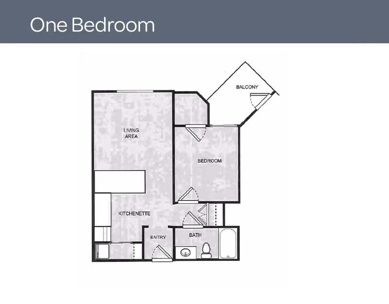 Floor plan of a one-bedroom apartment showing a living area, kitchenette, entry, bathroom, bedroom, and balcony.