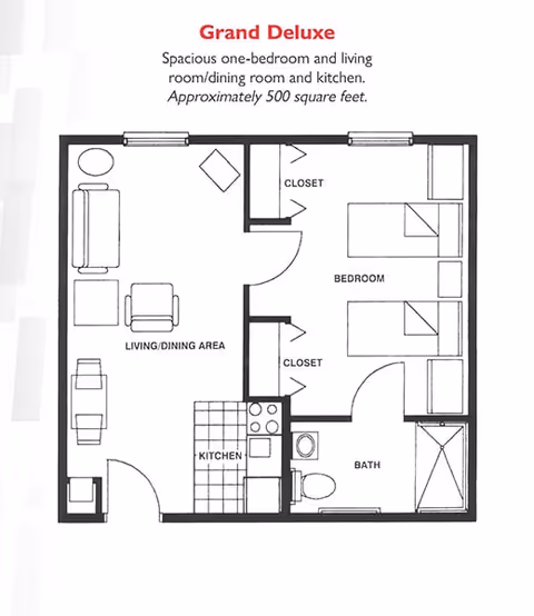 Floor plan titled Grand Deluxe showing a spacious one-bedroom apartment with living/dining area, kitchen, bedroom with two beds and closets, and a bathroom with a shower, toilet, and sink. The total area is approximately 500 square feet.