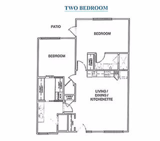 Floor plan layout of a two-bedroom unit featuring a patio, two bedrooms, closets, a bathroom, and a combined living, dining, and kitchenette area.