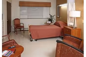 A neatly arranged bedroom in a senior living facility with a single bed covered in a brown bedspread, a wooden nightstand with a lamp and decorative items, two upholstered chairs, a small round table with magazines, a window with blinds and a wooden valance, and a potted plant on a side table.