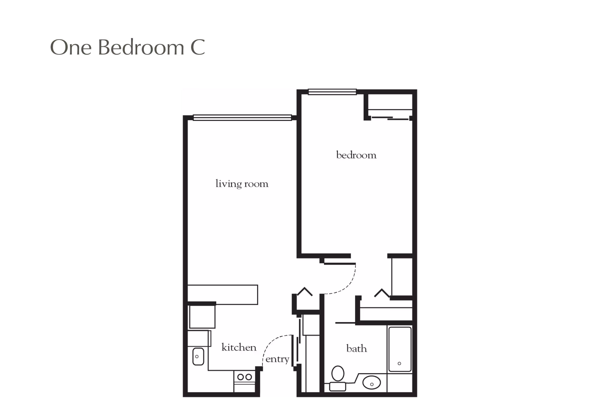 Floor plan layout of a one-bedroom apartment labeled One Bedroom C, showing a living room, bedroom, kitchen, entry, and bathroom.