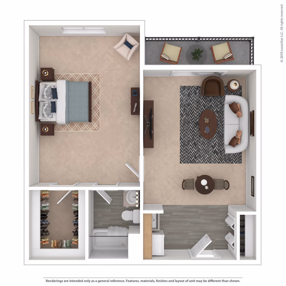 Top-down floor plan of a senior living apartment unit showing a bedroom with a bed, two nightstands, a chair, and a dresser; a walk-in closet; a bathroom with a bathtub, toilet, and sink; a living room with a sofa, armchair, coffee table, TV, and small dining table with two chairs; a kitchen area with appliances and cabinets; and a balcony with two chairs and a small table.