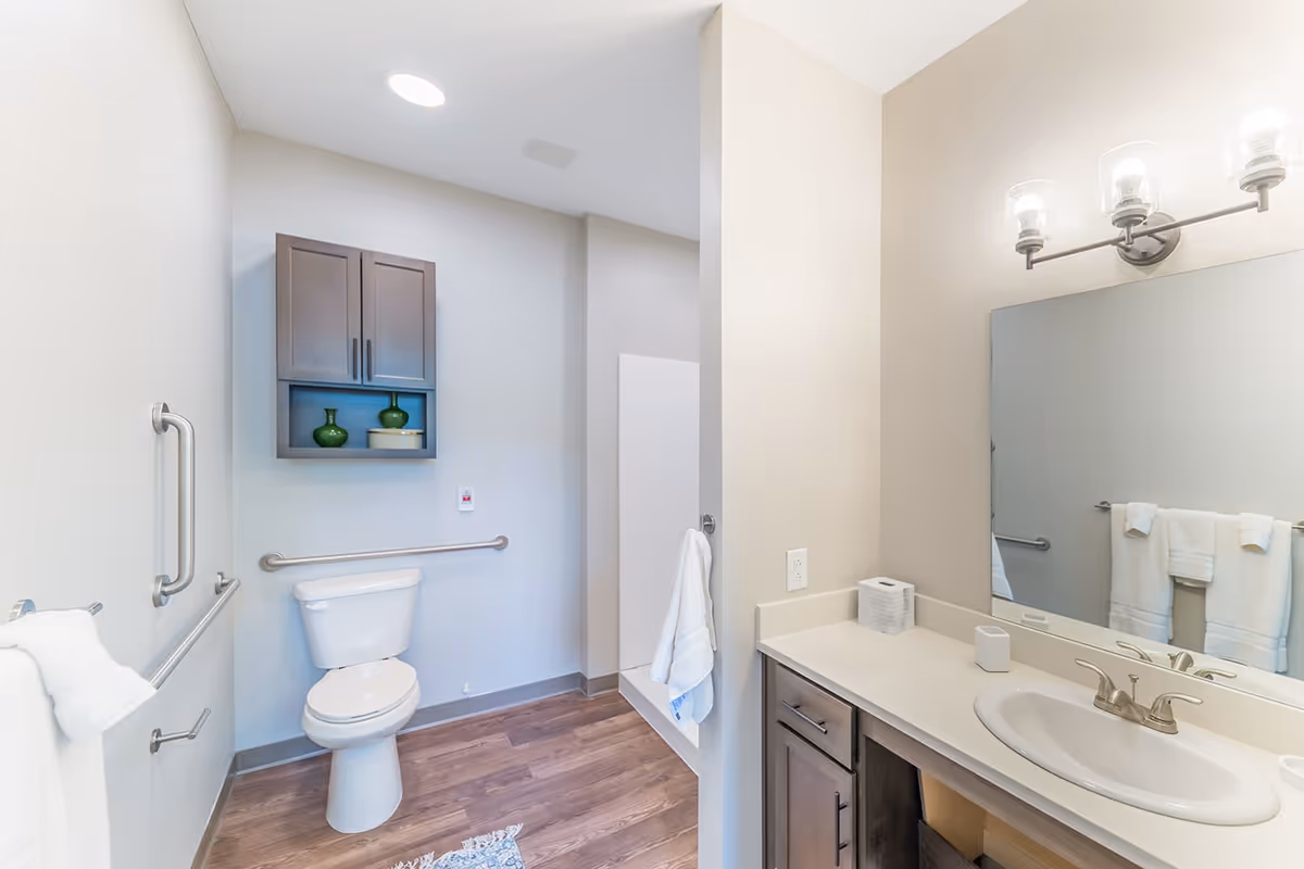 A clean, modern bathroom with a white toilet, wooden floor, and a wooden cabinet mounted on the wall above the toilet containing green decorative vases. There is a white towel hanging on a rail beside the toilet and a white towel hanging on a hook on the wall. The bathroom also features a sink with a countertop and a large mirror above it, illuminated by a three-light fixture with glass shades.