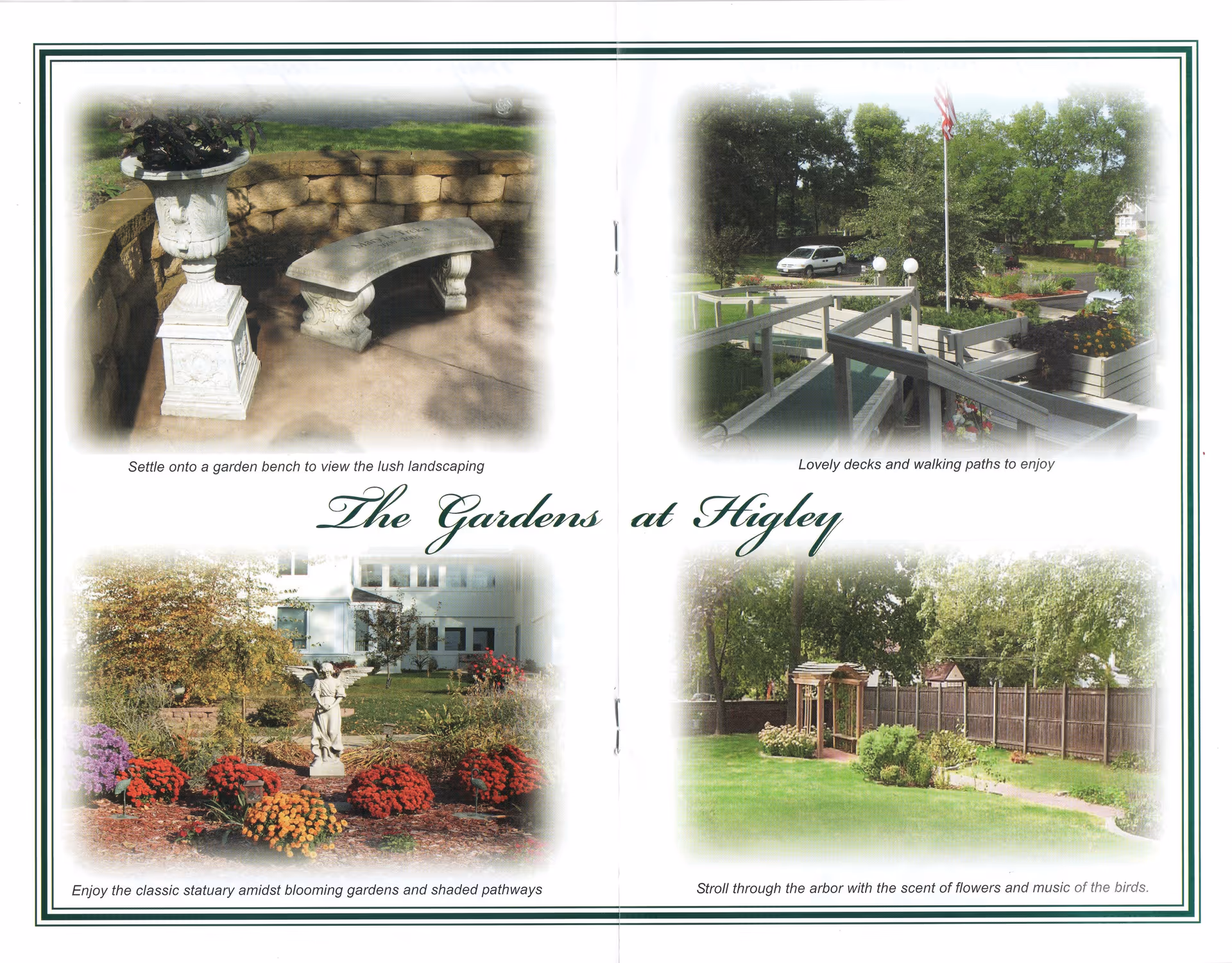 Brochure page titled 'The Gardens at Higley' showing four outdoor photos: a stone bench, decks and walking paths, flower beds with a statue, and an arbor on a lawn.