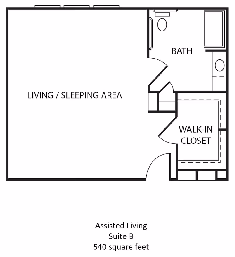 Floor plan of an assisted living suite labeled Suite B with 540 square feet, showing a living/sleeping area, a bathroom, and a walk-in closet.