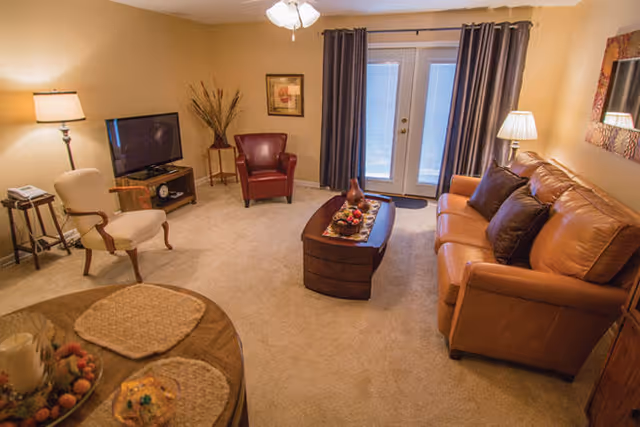 Well-lit living room with a leather sofa, armchairs, TV on a stand, coffee table and French doors with curtains.