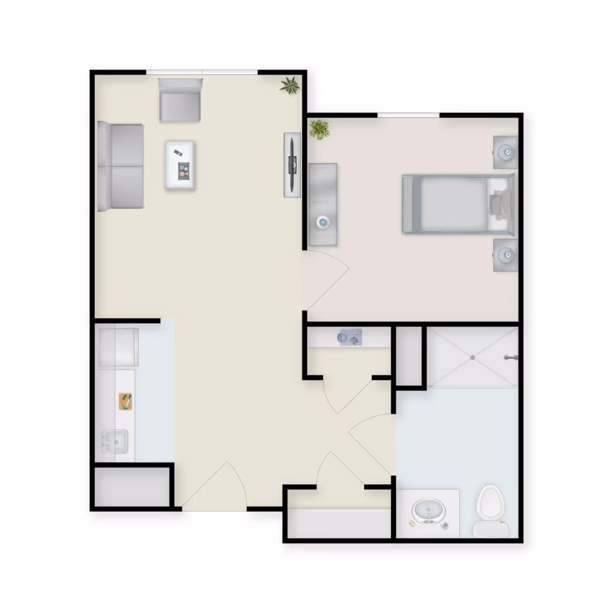 Floor plan of a senior living unit showing a living room with sofa, armchair, coffee table, and TV, a bedroom with a bed and nightstands, a kitchen area with a sink and counter, and a bathroom with a shower, toilet, and sink.