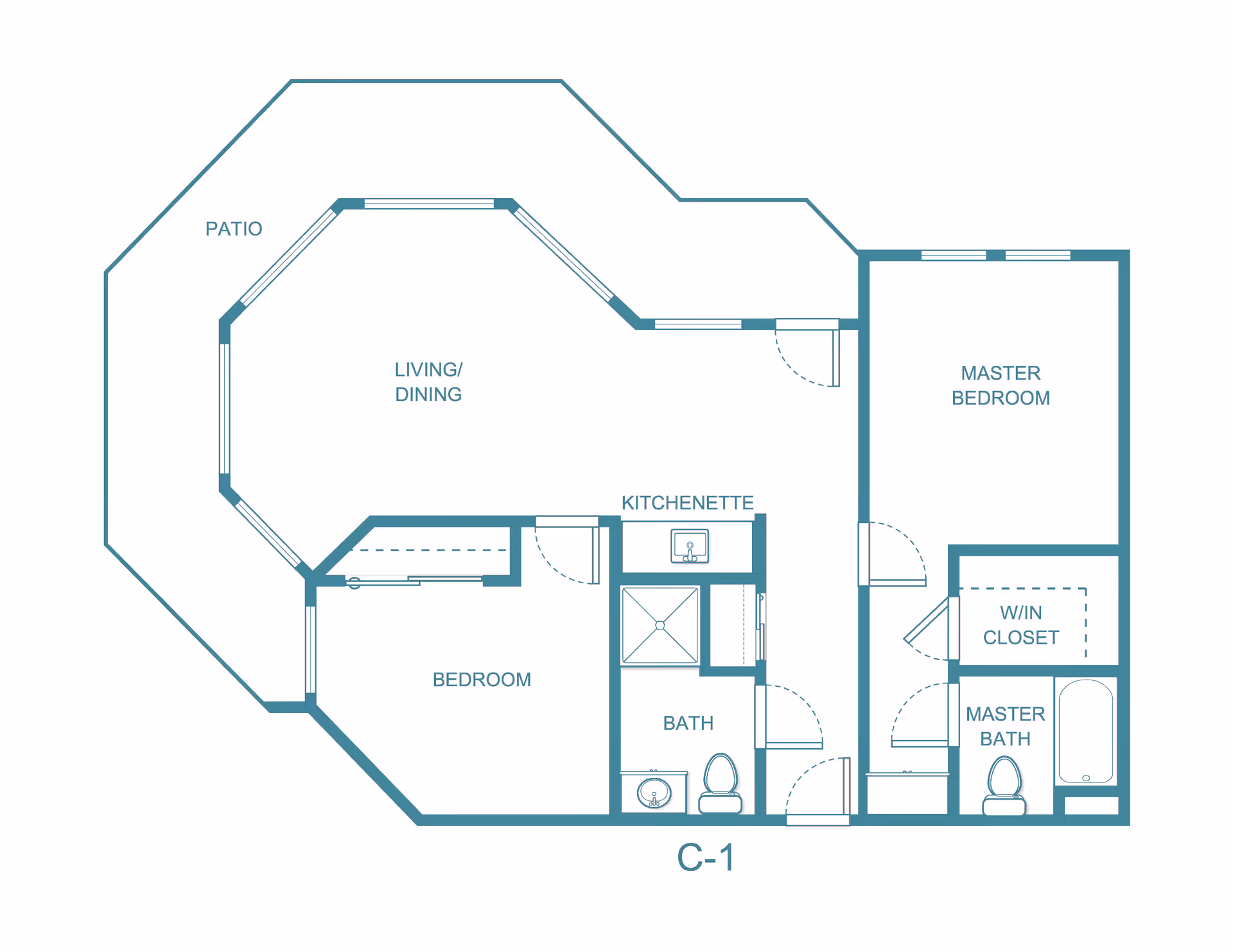Floor plan of a residential unit labeled C-1 at Holiday Hidden Lakes, showing a patio, living/dining area, kitchenette, bedroom, bath, master bedroom with walk-in closet, and master bath.